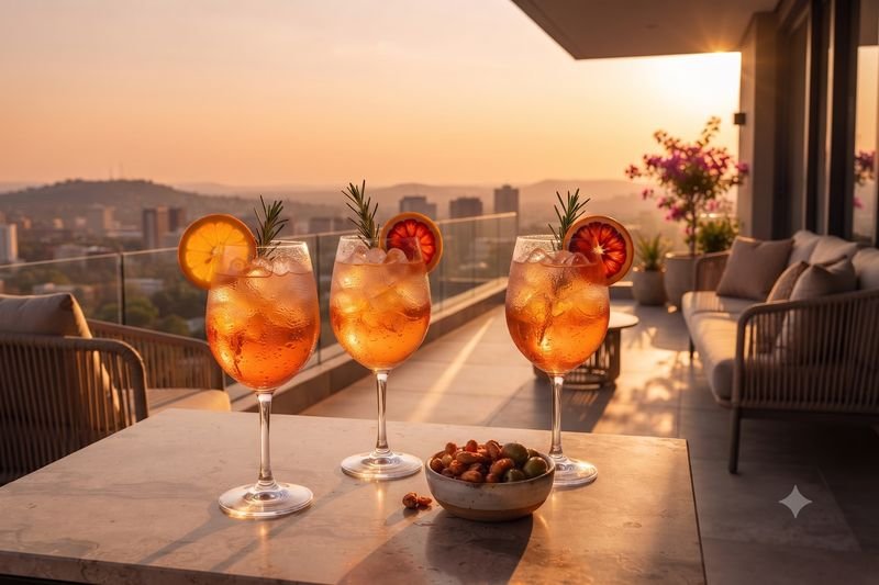 Three Tjello spritzes on a terrace table at sunset