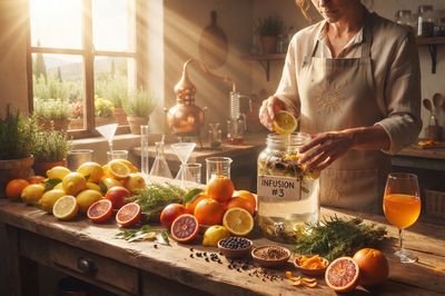 Fresh citrus and botanicals being infused in a sunlit kitchen