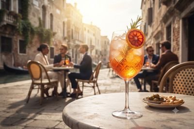 A Tjello spritz on a cafe table in a sunlit European street