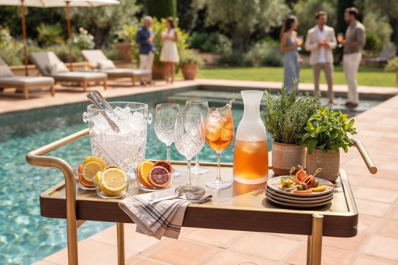 A poolside drinks trolley set up with Tjello, ice and glassware