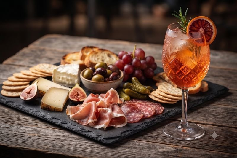 A charcuterie board served alongside a Tjello spritz