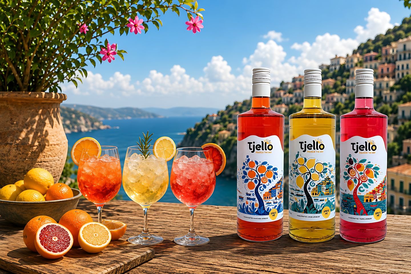 Three bottles of Tjello beside citrus spritzes on a wooden table overlooking the Mediterranean coast