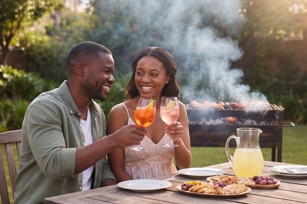 A couple raising Tjello spritzes beside a braai