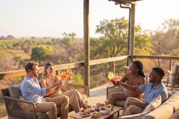 Friends relaxing with Tjello spritzes on a bushveld deck at golden hour
