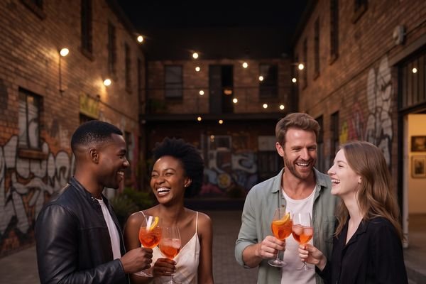 Friends with Tjello cocktails in a string-lit courtyard at night