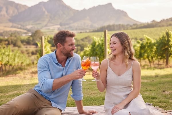 Friends sharing a picnic and Tjello spritzes in the winelands
