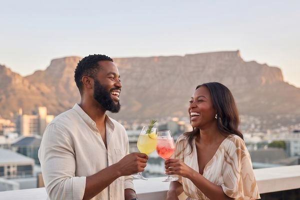Two friends toasting Tjello spritzes with Table Mountain behind them