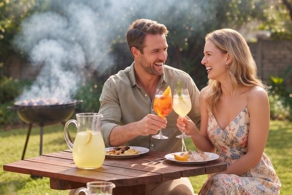 A couple toasting Tjello spritzes at a garden table beside a braai
